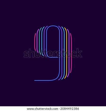 Neon light number nine symbol. Six thin lines colored font. Perfect for line logo, events posters, vivid emblem, nightlife banner and futuristic identity. 