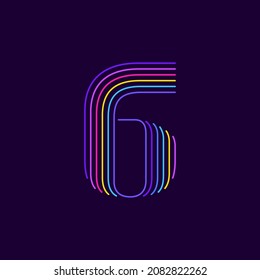 Neon light number six symbol. Six thin lines colored font. Perfect for line logo, events posters, vivid emblem, nightlife banner and futuristic identity. 