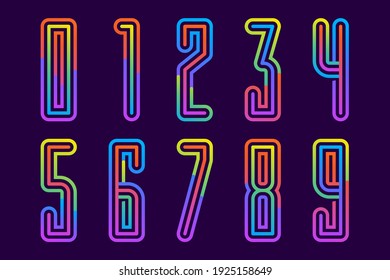Neon light numbers set. Colored tube font for  line logo, events posters, lacing emblem, nightlife banner and futuristic identity. Typography design.