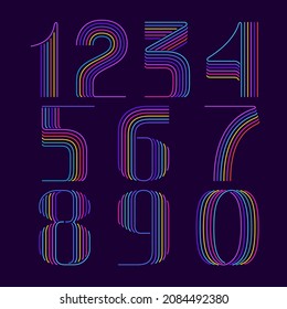 Neon light numbers set. Six thin lines colored font. Perfect for line logo, events posters, vivid emblem, nightlife banner and futuristic identity. 