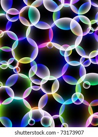 Neon light on a black background. Glowing neon lights. Background with bubbles. Patterns of kaleidoscope. Illustration of colored circles on a dark background. Gradient patterns of geometric shapes.