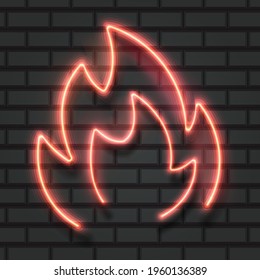 Neon light on a brick wall, Fire neon icon, Flame sign