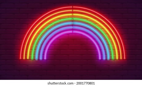 Luz de neón en la pared de ladrillo. Signo de neón en forma de arco iris sobre la pared de ladrillo. Plantilla vectorial, ilustración 3d.