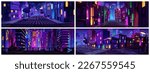 Neon light on night city road street cartoon landscape set of illustration. Urban vector skyline background with building and road at nighttime. Empty dark game panorama scene collection.