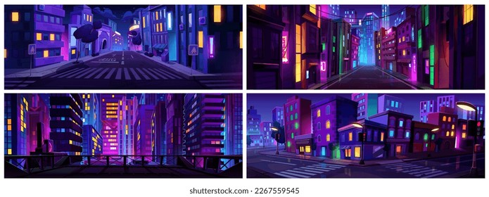 Neon light on night city road street cartoon landscape set of illustration. Urban vector skyline background with building and road at nighttime. Empty dark game panorama scene collection.