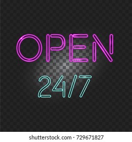 Neon light open 24 hours 7 days isolated on a transparent background. Vector Illustration for gift card, certificate, voucher, night club, bar neon sign.