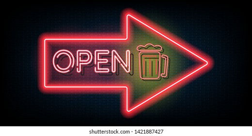 Neon light Open vector background. Realistic glowing shining design element in arrow frame. 