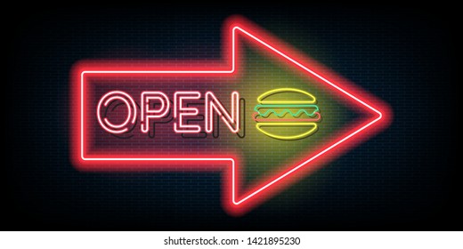 Neon light Open vector background. Realistic glowing shining design element in arrow frame. 