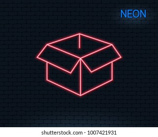 Neon light. Opened box line icon. Logistics delivery sign. Parcels tracking symbol. Glowing graphic design. Brick wall. Vector