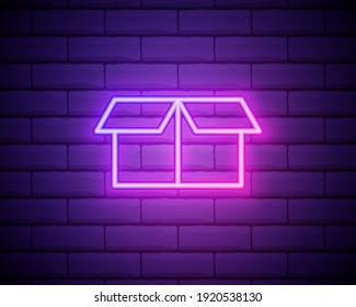 Luz de neón. Icono de línea de cuadro abierto. Signo de entrega logística. Símbolo de seguimiento de paquetes. Diseño gráfico brillante. Muro de ladrillo. Vector.