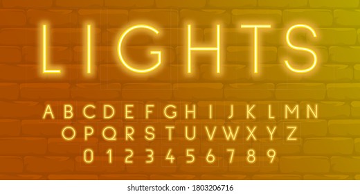 Neon Light Orange 3d Alphabet, 3d Letters And Numbers Golden Colors. Extra Glowing Font.  Vector Illustration