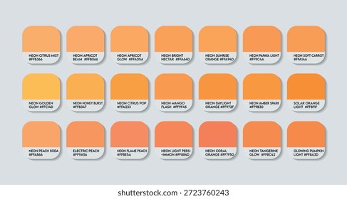 Neon Hellorange Farbleitpalette mit Farbnamen. Katalog Samples Neon Orange mit RGB HEX Codes und Namen. Neon Orange Kleidung Farben Palette Vektor, Neon Licht Orange Paint Farbpalette