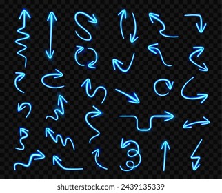 Neon light orientation and navigation arrows. Vector glowing thin line lines directional flat arrows illustration on black. Internet pictograms, website pointers or direction links, casino pointers