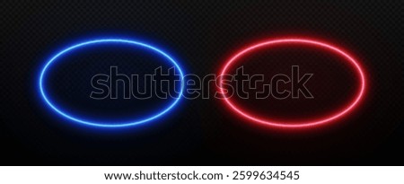 Neon light oval frame. Ellipse border with led glow. Vector fluorescent laser effect in blue and red color.