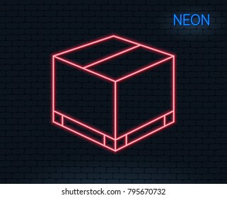Neon light. Parcel box line icon. Logistics delivery sign. Package tracking symbol. Glowing graphic design. Brick wall. Vector