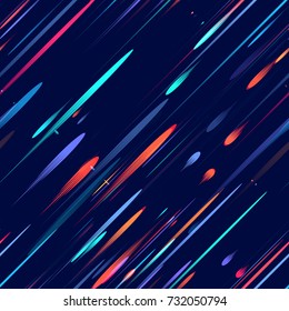 Neon Light Particles, Shooting Stars, Meteorites Flying at High Speed on Dark Space Background. Fast Moving Lines, Stripes Seamless Pattern Design. Seamless Fashion, Holiday, Cover, Ad, Pattern