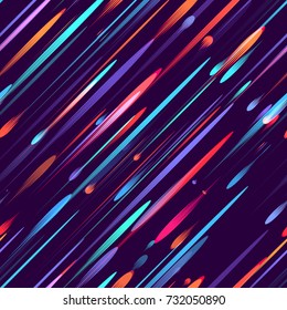 Neon Light Particles, Shooting Stars, Meteorites Flying at High Speed on Dark Space Background. Fast Moving Lines, Stripes Seamless Pattern Design. Seamless Fashion, Holiday, Cover, Ad, Pattern