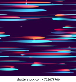 Neon Light Particles, Shooting Stars, Meteorites Flying at High Speed on Dark Space Background. Fast Moving Lines, Stripes Seamless Pattern Design. Seamless Fashion, Holiday, Cover, Ad, Pattern