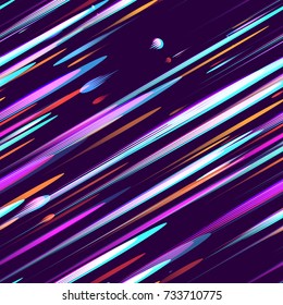 Neon Light Particles, Shooting Stars, Meteorites Flying at High Speed on Dark Space Background. Fast Moving Lines, Stripes Seamless Pattern Design. Seamless Fashion, Holiday, Cover, Ad, Pattern