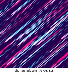 Neon Light Particles, Shooting Stars, Meteorites Flying at High Speed on Dark Space Background. Fast Moving Lines, Stripes Seamless Pattern Design. Seamless Fashion, Holiday, Cover, Ad Design