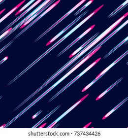 Neon Light Particles, Shooting Stars, Meteorites Flying at High Speed on Dark Space Background. Fast Moving Lines, Stripes Seamless Pattern Design. Seamless Fashion, Holiday, Cover, Ad, Pattern