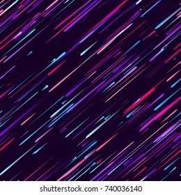 Neon Light Particles, Shooting Stars, Meteorites Flying At High Speed On Dark Space Background. Stylish Print Design. Holiday Seamless Pattern For Fashion, Cover, Screen.