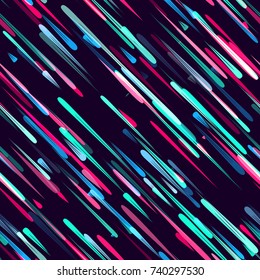 Neon Light Particles, Shooting Stars, Meteorites Flying at High Speed on Dark Space Background. Stylish Print Design. Holiday Seamless Pattern for Fashion, Cover, Screen.