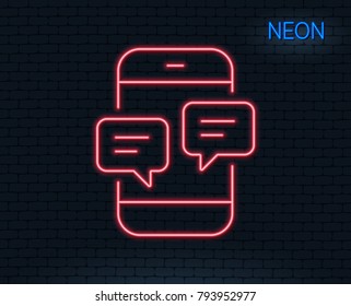 Neon light. Phone Message line icon. Mobile chat sign. Conversation or SMS symbol. Glowing graphic design. Brick wall. Vector