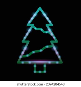 Neon light pine tree design on black background