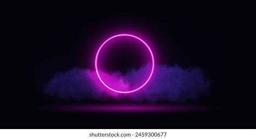 Neon light pink circle with cloud on black background.