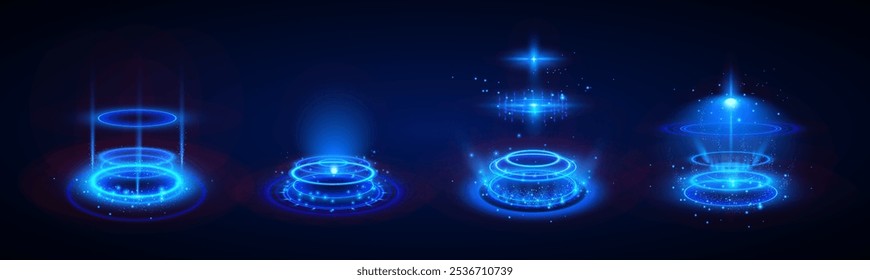 Portal de luz neon com brilho azul mágico. Teleporte holográfico. Estágio de produto futurista luminoso. Energy ring, ícone do jogo. Potência brilhante vórtice pedestal. Efeito espumante circular abstrato