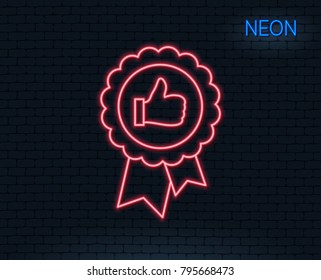 Neon light. Positive feedback line icon. Award medal symbol. Reward sign. Glowing graphic design. Brick wall. Vector