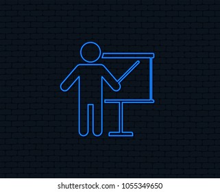 Neon light. Presentation sign icon. Man standing with pointer. Blank empty billboard symbol. Glowing graphic design. Brick wall. Vector