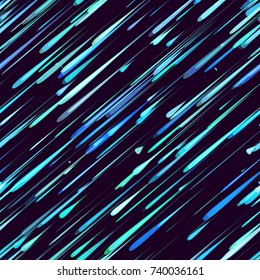 Neon Light Print Texture Design. Holiday Seamless Pattern for Fashion, Cover, Fabric. Particles, Shooting Stars, Meteorites Flying at High Speed on Dark Space Background
