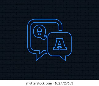 Neon light. Question answer sign icon. Q&A symbol. Glowing graphic design. Brick wall. Vector