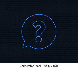 Neon light. Question mark sign icon. Help speech bubble symbol. FAQ sign. Glowing graphic design. Brick wall. Vector