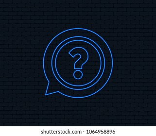 Neon light. Question mark sign icon. Help speech bubble symbol. FAQ sign. Glowing graphic design. Brick wall. Vector