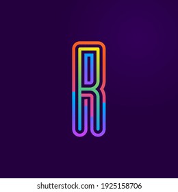 Neon light R letter line logo. Colored tube font for events posters, lacing emblem, nightlife banner and futuristic identity. Typography design.