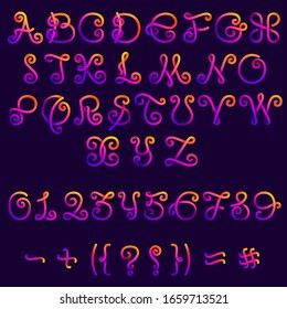 Neon light rainbow alphabet and numbers and symbols set. Vector handwritten script font for night club labels, futuristic company, casino posters etc.