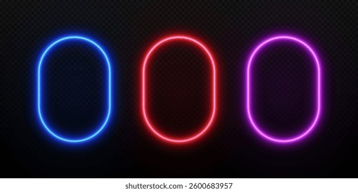 Neon light rectangle frame. Border with glow of vertical rounded led line. Set of vector templates for game design isolated on dark background.