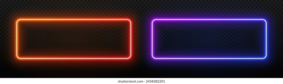 Neon light rectangle frame. Led glow of border. Laser banner with text. Electric fluorescent geometric shape on a black background. Elements for design of signs, parties and buttons.