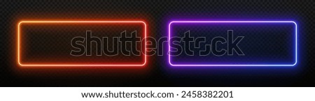 Neon light rectangle frame. Led glow of border. Laser banner with text. Electric fluorescent geometric shape on a black background. Elements for design of signs, parties and buttons.