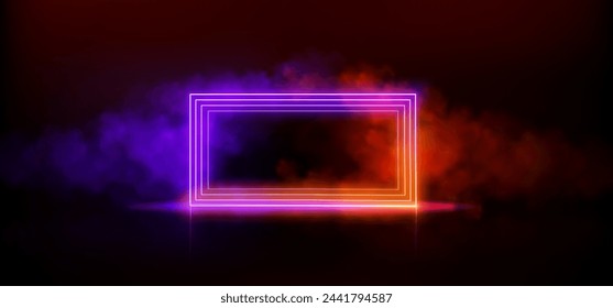 Neon light rectangle frame with smoke cloud. Realistic 3d with rectangular triple portal or text border with fog on dark background. Gradient color futuristic laser flare box with haze and aura.