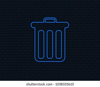 Neon light. Recycle bin sign icon. Bin symbol. Glowing graphic design. Brick wall. Vector