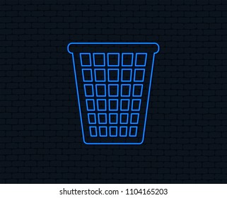 Neon light. Recycle bin sign icon. Bin symbol. Glowing graphic design. Brick wall. Vector