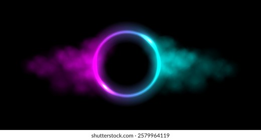 Neon light ring in smoke cloud on black background. Laser pink blue circle in fog. Glow led circular frame. Magic portal on dark backdrop. Fantasy abstract vector illustration.