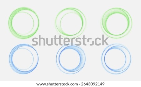 Neon light rings of green and blue colors with smooth lines on a white background. Used in interface design, HUD elements and futuristic visualizations.