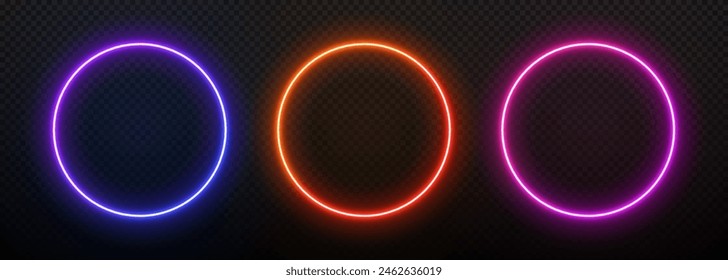 Marco redondo de luz de neón. Borde de círculo degradado con resplandor led. Anillo brillante láser. Portal eléctrico fluorescente sobre fondo negro. Conjunto de esferas Plantillas para el diseño con texto.