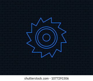 Neon light. Saw circular wheel sign icon. Cutting blade symbol. Glowing graphic design. Brick wall. Vector