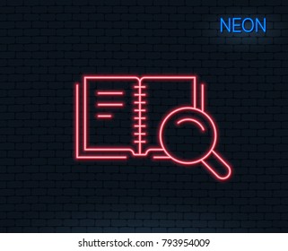 Neon light. Search in Book line icon. Education symbol. Instruction or E-learning sign. Glowing graphic design. Brick wall. Vector